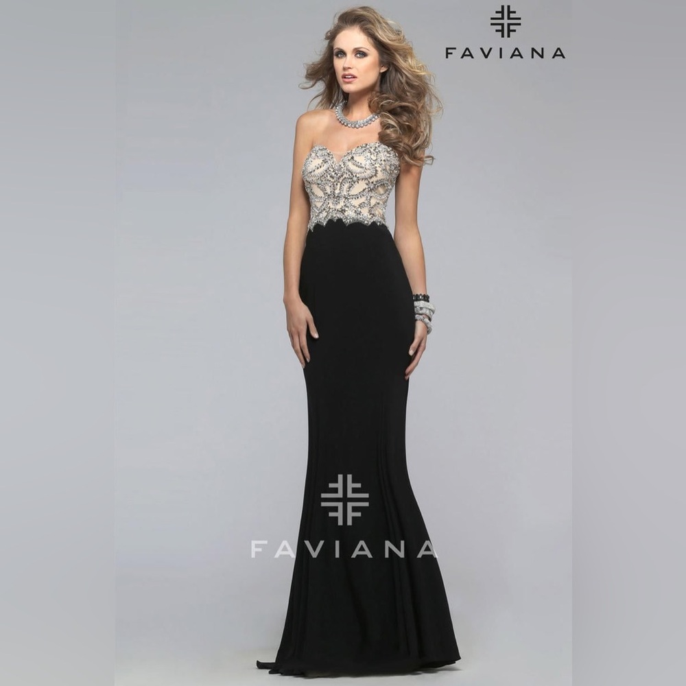 Faviana Glamour Rhinestone Nude Black Dress Gown Prom Wedding Formal NWT 8